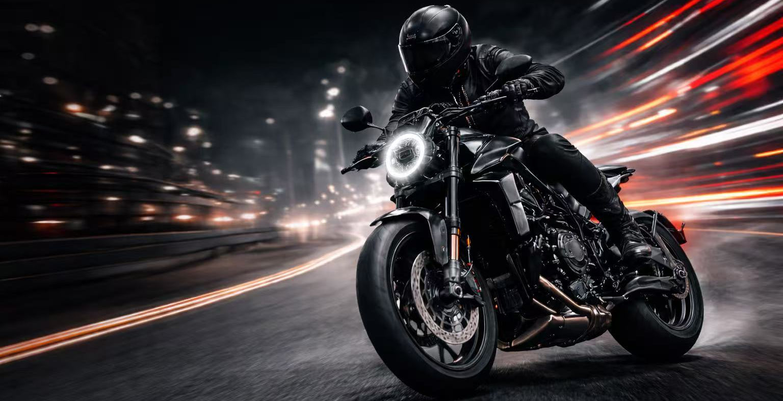 Motorcyclist on a dark road with blurred lights in the background